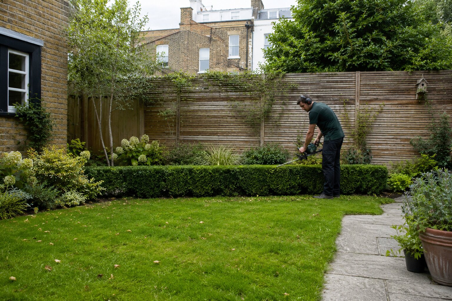 Gardener carrying out planned maintenance in a well-kept residential garden.