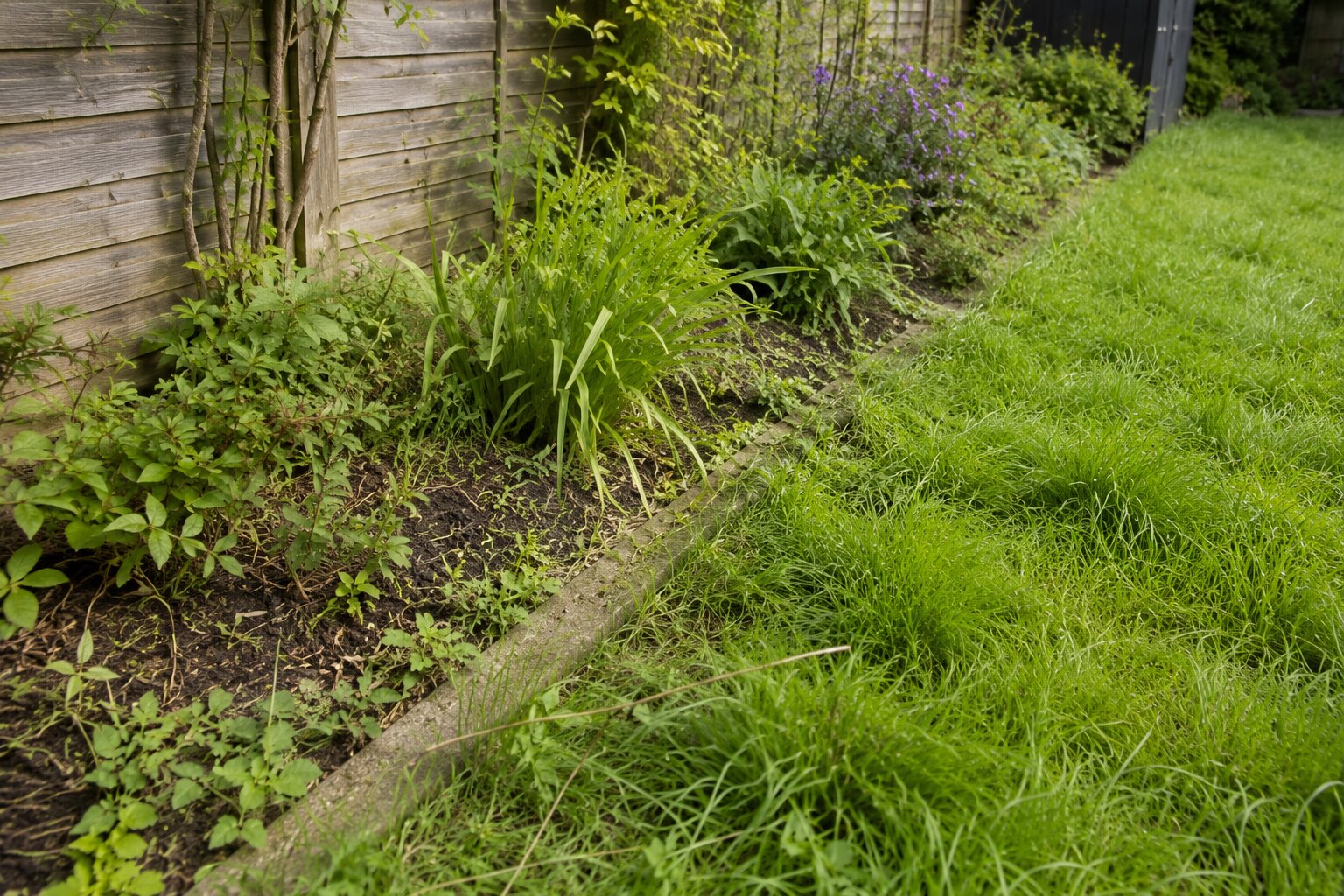 Detail of lawn edge and border before maintenance, with light weeds and untidy growth.