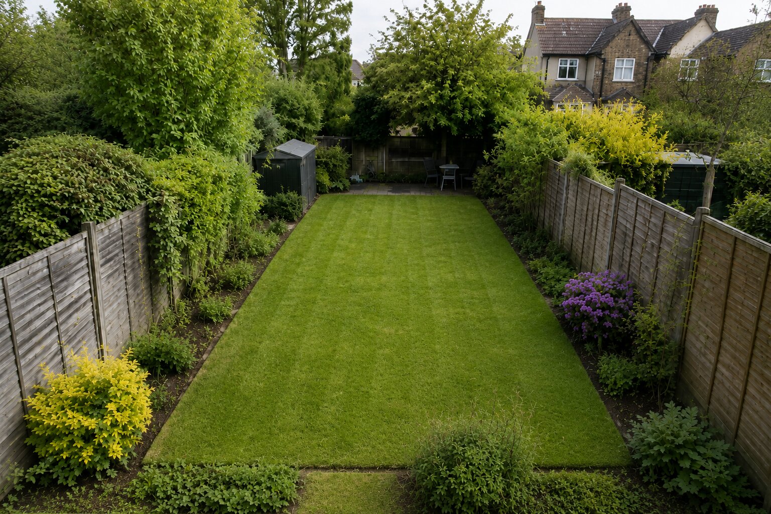 Simple rear garden after Essential Care maintenance, with cut lawn, tidy edges and cleaner borders.