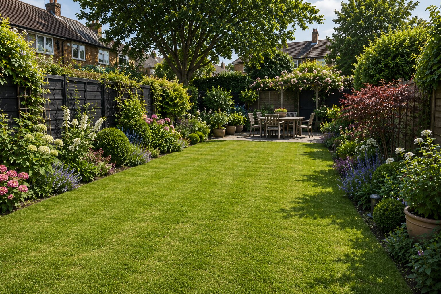 Established rear garden after Regular Care maintenance, with trimmed hedge, neat lawn and tidied borders.
