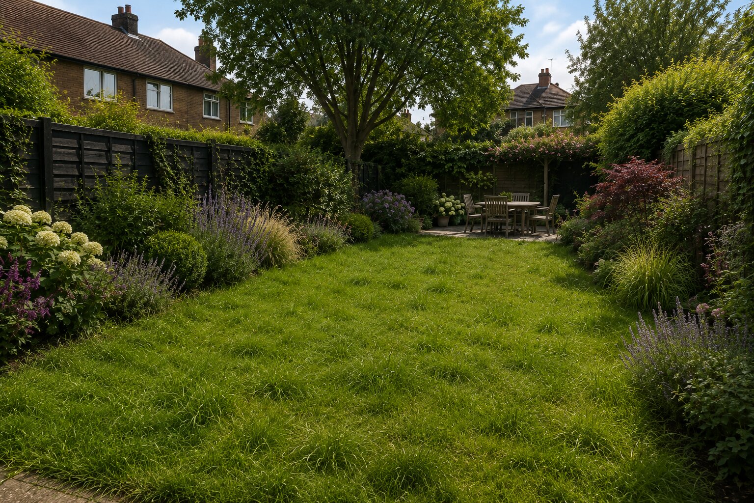 Established rear garden before maintenance, with lawn, hedge and borders needing attention.