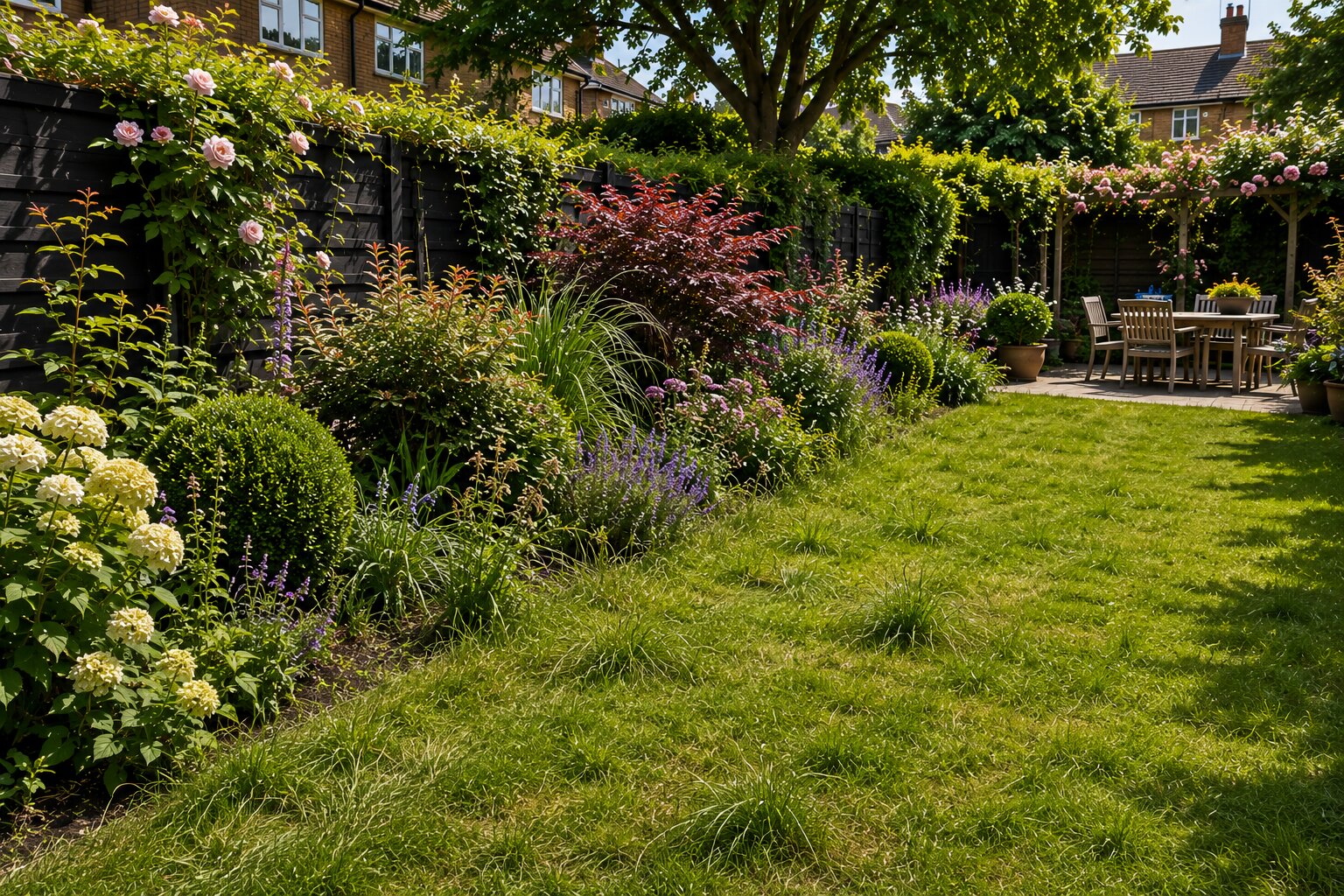 Side view of established garden before maintenance, with hedge and shrubs needing shaping.