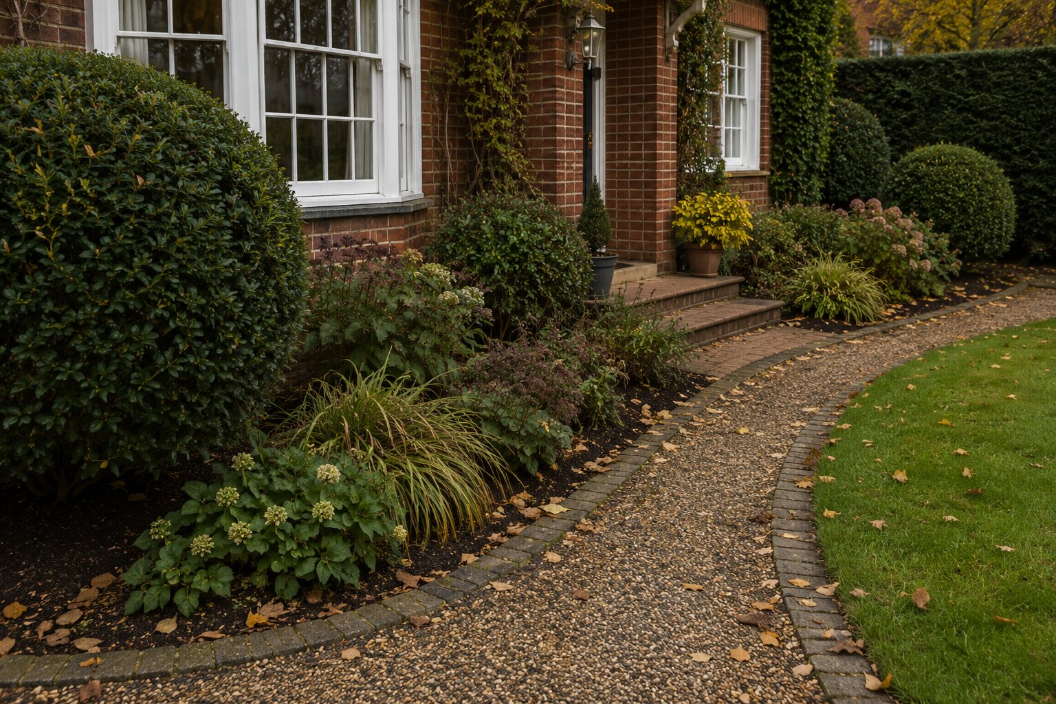 Front garden detail before maintenance, with tired planting and loose border presentation.
