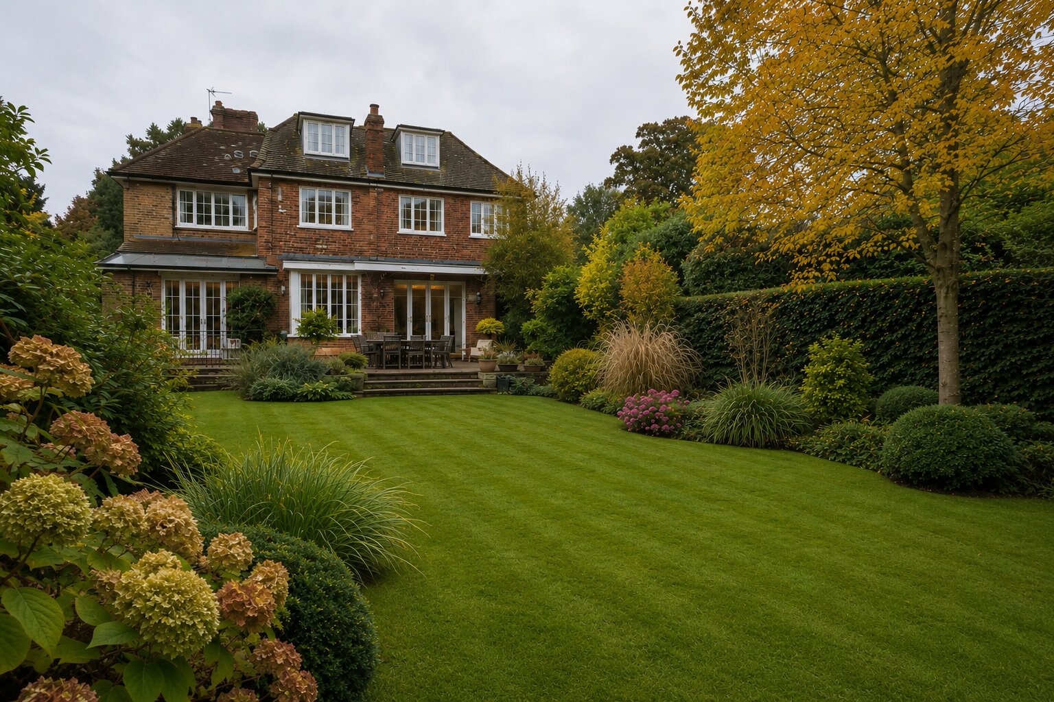Angled view of detailed rear garden after maintenance, with refined borders, shaped hedges and improved presentation.