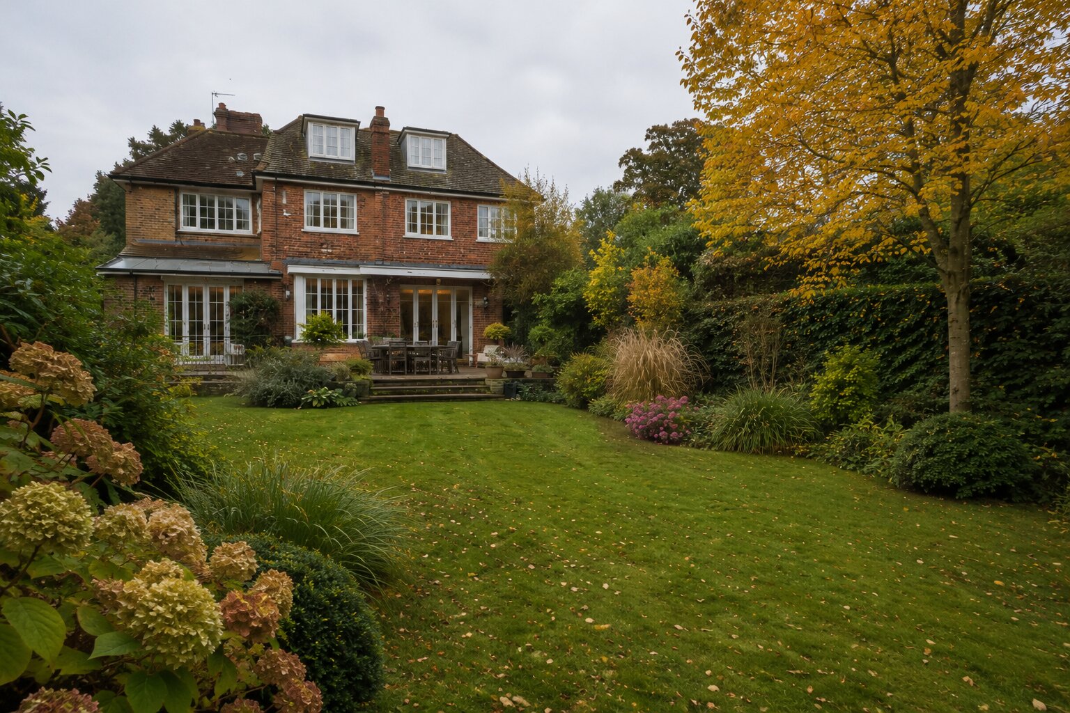 Angled view of detailed rear garden before maintenance, with planting and hedges needing refinement.