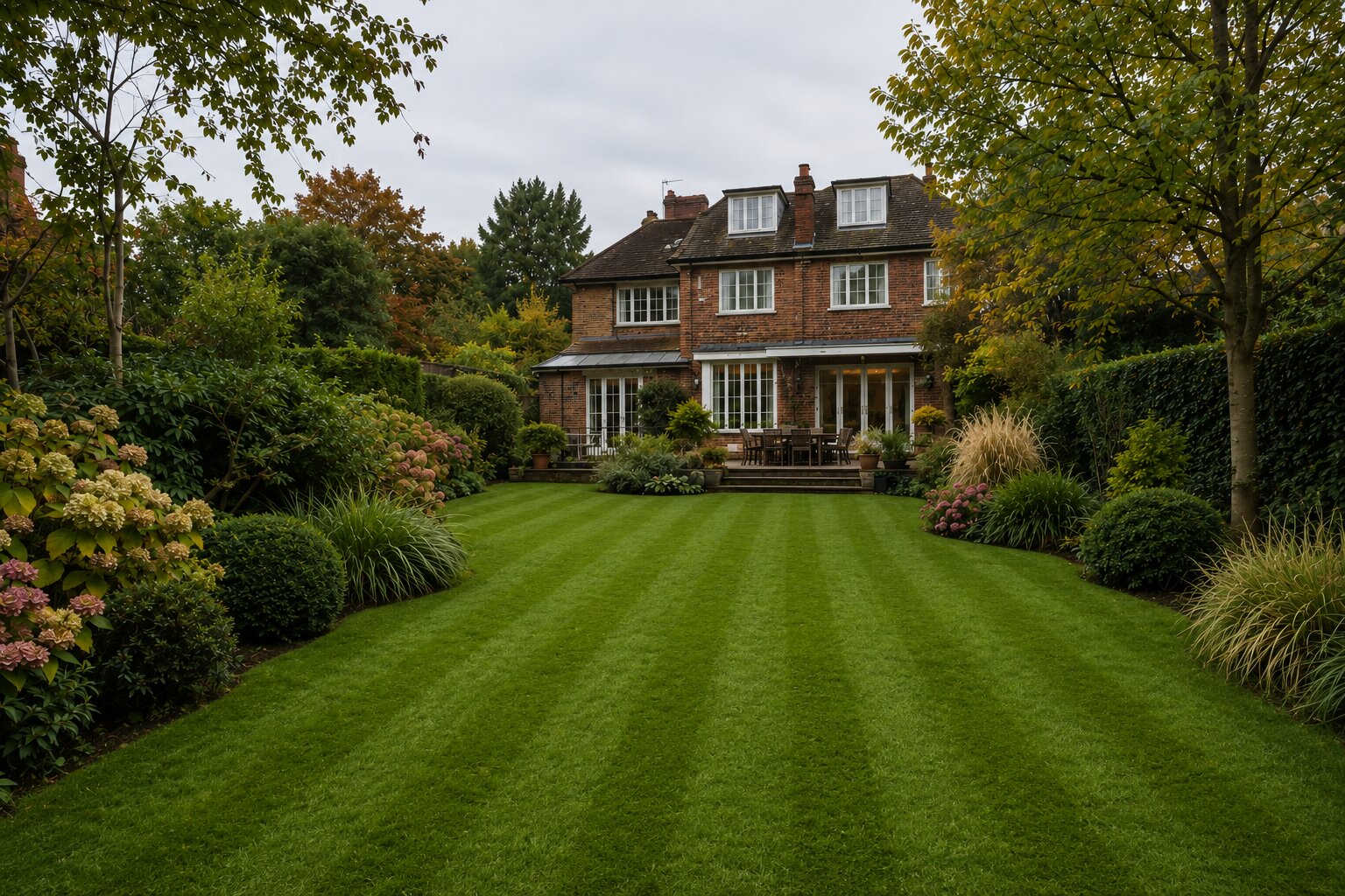 Detailed rear garden after Signature Care maintenance, with shaped hedges, refreshed borders and polished presentation.