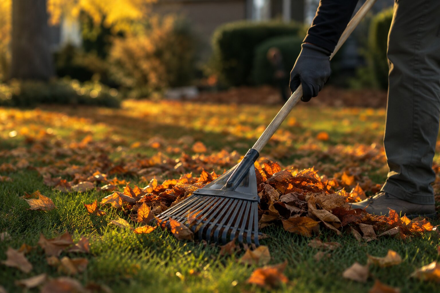 Gardener raking fallen autumn leaves on a residential lawn.